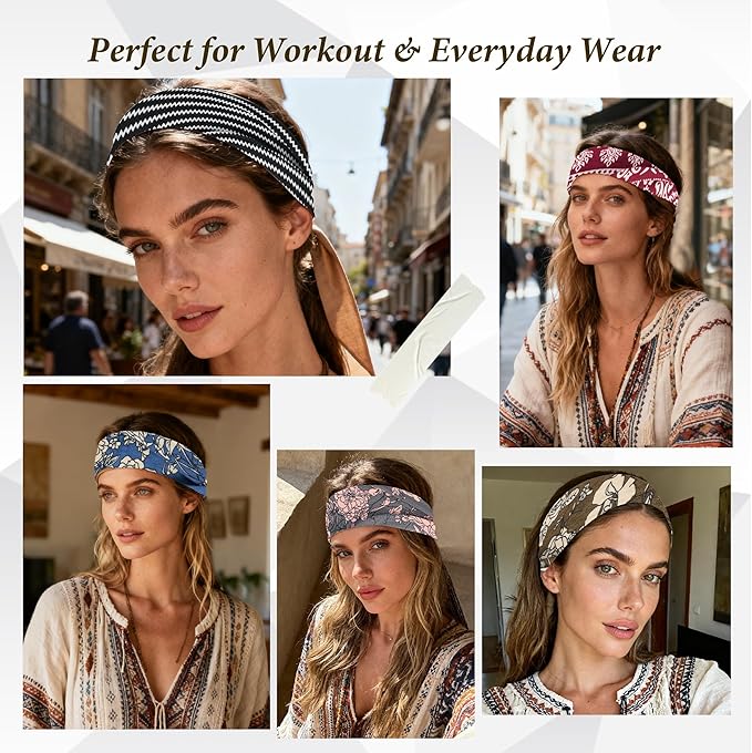 Headbands for Women Non-Slip Workout Hair Bands, 6 Pack Stretchy Athletic Soft Sweatbands, Elastic Cloth Fabric Headband, Fashion Head Bands for Yoga Running Sports Gym Sports Exercise