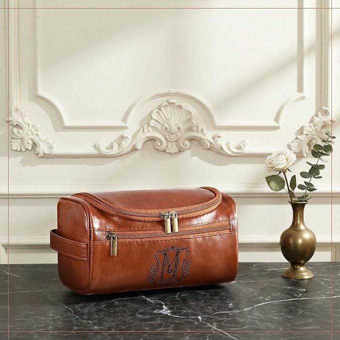 Sadnyy Personalized Leather Toiletry Bag for Men Initial Travel Bag with Hook Monogrammed Toiletry Pouch Leather Travel Bathroom Kit with Side Handle for Him Dad Husband Anniversary Birthday Gifts(M)