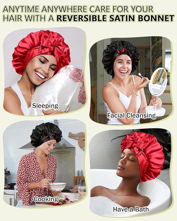 Satin Bonnet Silk Hair Bonnets for Women Curly Hair Wrap for Sleeping - Reversible With Tie Band Night Cap Double Layer for Curly Hair (Black + Red)