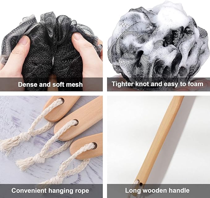 Black Loofah with Handle - Back Scrubber & Exfoliating Shower Sponge, PE Soft Mesh on a Wooden Stick for Men and Women