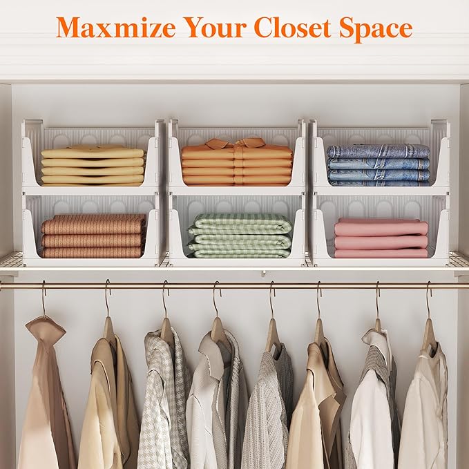 Lifewit 6 Pack Stackable Closet Organizers and Storage Basket for Clothes, Plastic Sweater Storage Bins for Wardrobe, Multifunctional Pants Organizer for RV, Pantry, Bathroom, Kitchen, Dorm, 24L