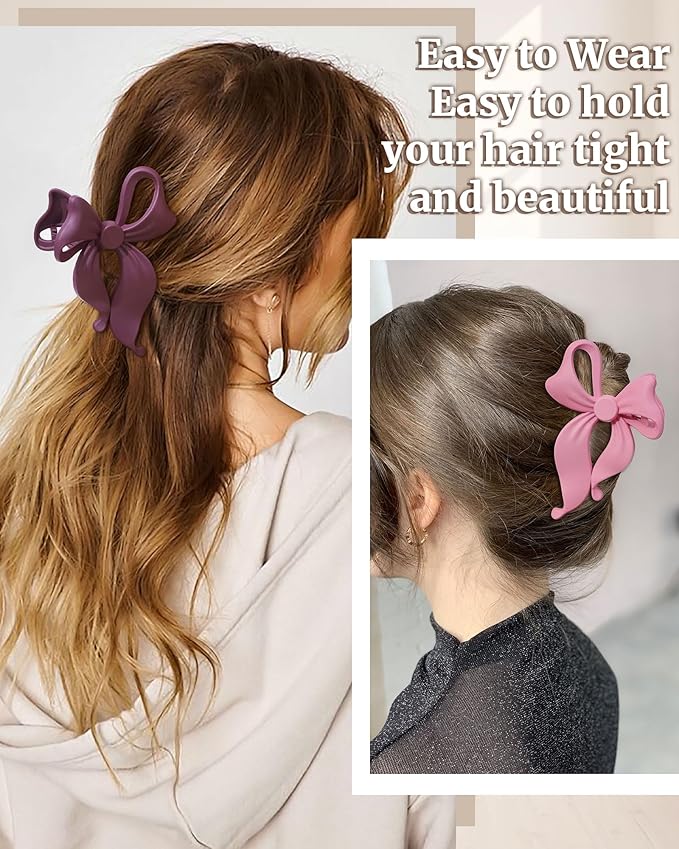 Mesovor 4 pack Cute Bow Claw Clip for Women, Nonslip Large Matte Strong Hold Bows Hair Clips for Thin and Thick Hair | Chic Hair Styling Accessories (Matte Pink, Matte Purple)