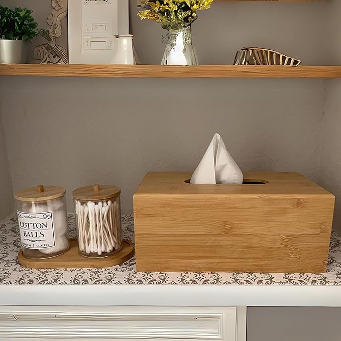 PERFORMORE Bamboo Tissue Box Cover - Water-Resistant Rectangular Wooden Facial Tissue Box with Sliding Bottom - 27x15.5x11.5 cm Wood Kleenex Box Holder - Ideal for Bathroom, Office Desk & Nightstand