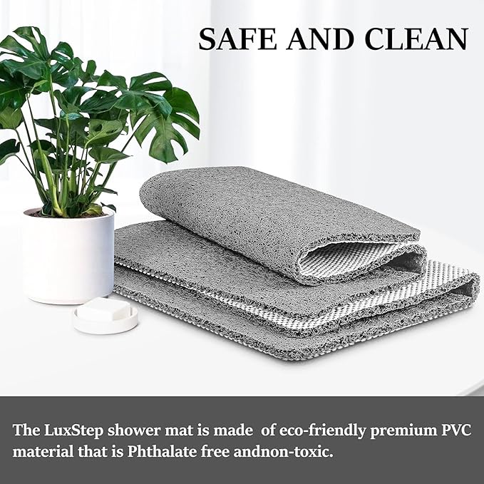 LuxStep Shower Mat Bathtub Mat,24x36 inch, Non-Slip Bath Mat with Drain, Quick Drying PVC Loofah Bathmat for Tub,Shower,Bathroom,Grey