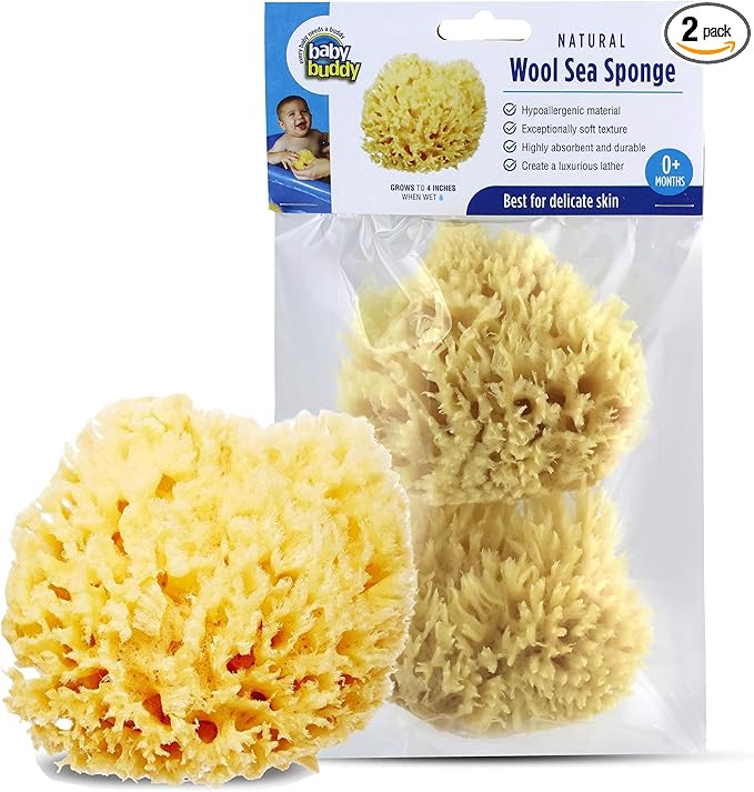 Baby Buddy Absorbent Natural Bath Sponge, Ultra Soft Premium Sea Wool Sponge, Soft on Baby's Tender Skin, Bath Accessories Baby and Kids, Infant Bath, Biodegradable, Hypoallergenic, 2pk, 4in