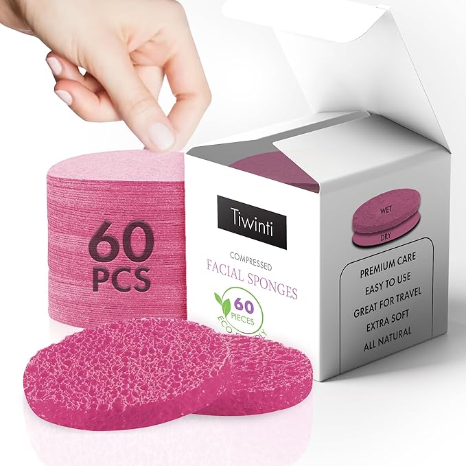 60 Count Compressed Facial Sponges - Natural Wood Pulp Round Esthetician Face Sponges for Cleansing, Daily Face Washing, Exfoliating Makeup, and Mask Removal