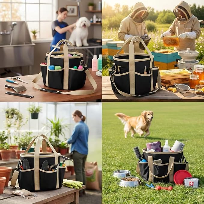Abbylike Grooming Tote Bag for Horses and Dogs Organize Tack Tools Equestrian Grooming Kit Care Portable with Multiple Pockets for Supplies (Stylish,10.63 x 10.63 x 9.45 Inch,Khaki and Black)