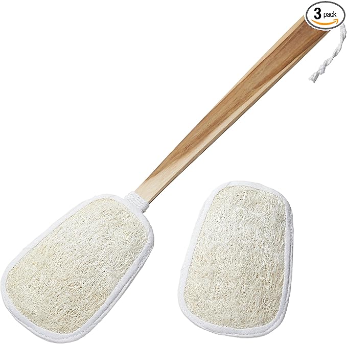 FAAY 17 Inch Natural Exfoliating Loofah Back Scrubber On a Stick with Luffa Sponge Pads Refills – Long Handle Loofa Body Bath & Shower Brush for Men & Women