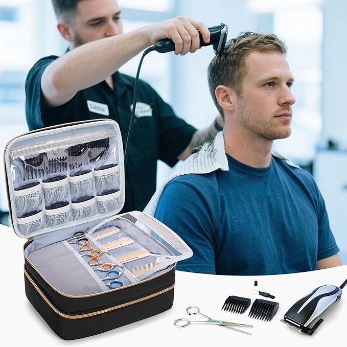 CURMIO Double Layer Hair Clipper Travel Carrying Case, Barber Supplies Organizer Storage Bag Compatible with Ufree/Wahl/Andis/Hatteker/Osterpro and Most Standard Hair Trimmer, Men Grooming Kit