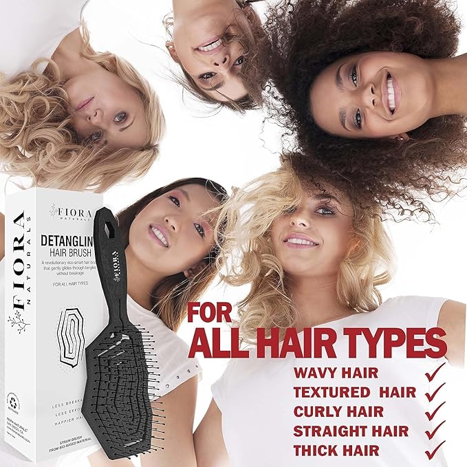 Fiora Naturals Hair Detangling Brush for Women - Detangler Hair Brush w/Flexible Soft Bristles- Gently Glides Through Tangles - Curly, Fine, Dry and Shower Wet HairBrush, cepillo para cabello - Black