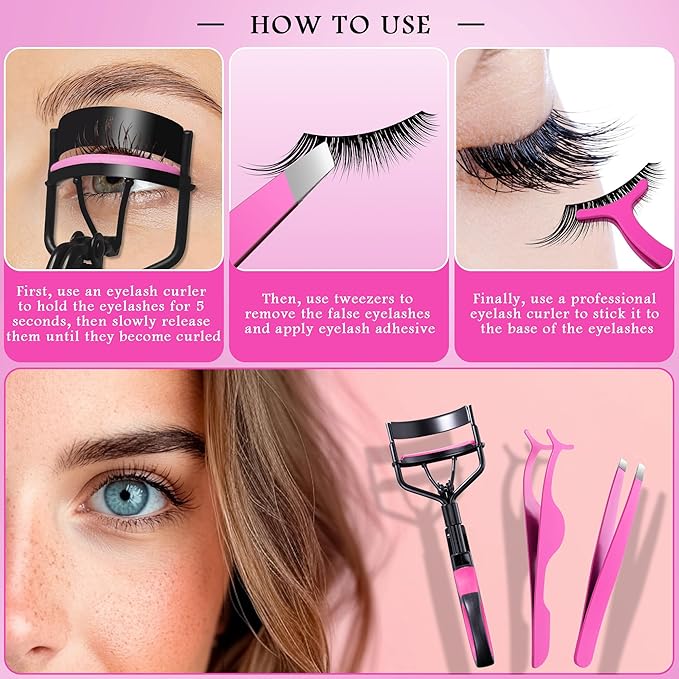 Eyelash Curler Tool - 3-in-1 Eyelash Curler Lash Lift Kit Lash Curler, Professional Kit, Eyelash Extension Tweezers - Includes Replacement Pad with Refill Pads for Home & Travel Uses (Rose Red)