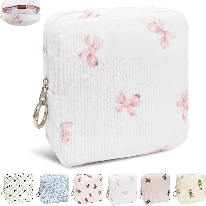 Period Bag for Girls, Corduroy Sanitary Napkin Storage Bag, Period Pouch & Tampon Holder, Feminine Care Organizer（Pink Bow）