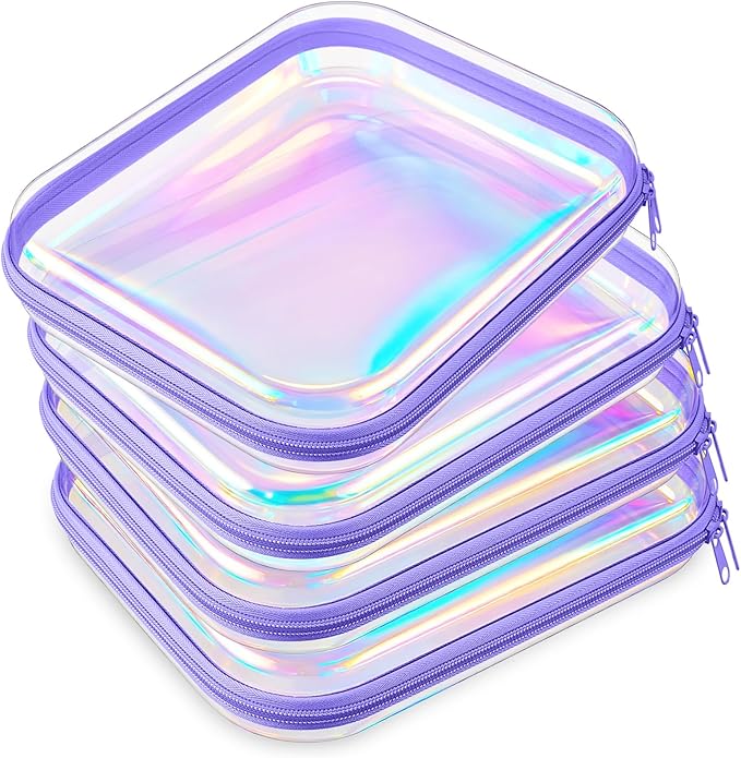 Hoolerry 4 Pcs Hard Clear Zipper Case Makeup Bags Plastic Zipper Pouch Transparent Storage Box Containers for Cosmetics, Snacks, Building Blocks, Puzzles(Clear,9.8 x 7.9 x 2 in,Purple Laser)