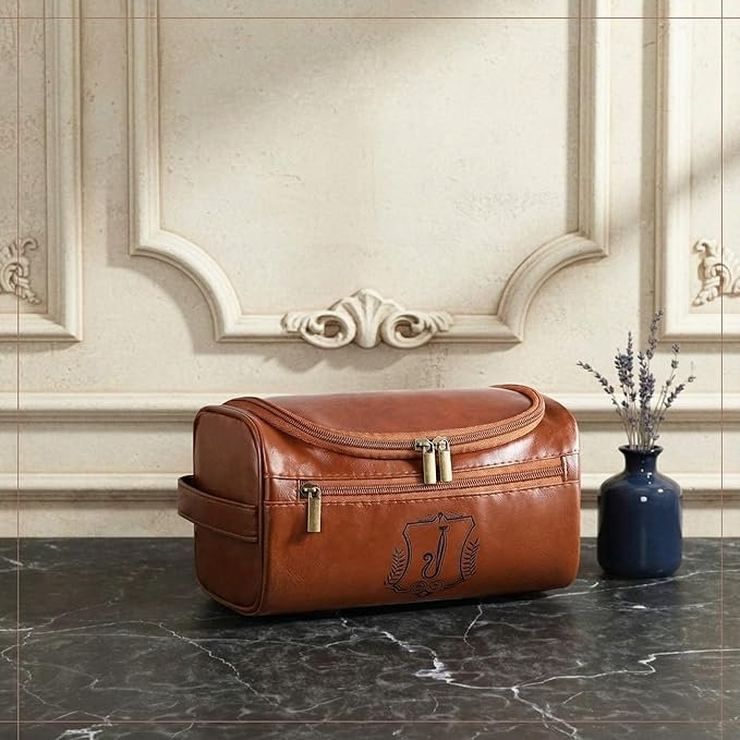 Sadnyy Personalized Leather Toiletry Bag for Men Initial Travel Bag with Hook Monogrammed Toiletry Pouch Leather Travel Bathroom Kit with Side Handle for Him Dad Husband Anniversary Birthday Gifts(J)