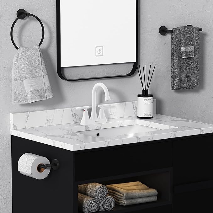 Bathroom Faucets for Sink 3 Hole, Hurran 4 inch Bathroom Sink Faucet with Pop-up Drain and Supply Hoses, Stainless Steel Lead-Free Centerset Faucets for Sink Vanity RV, White
