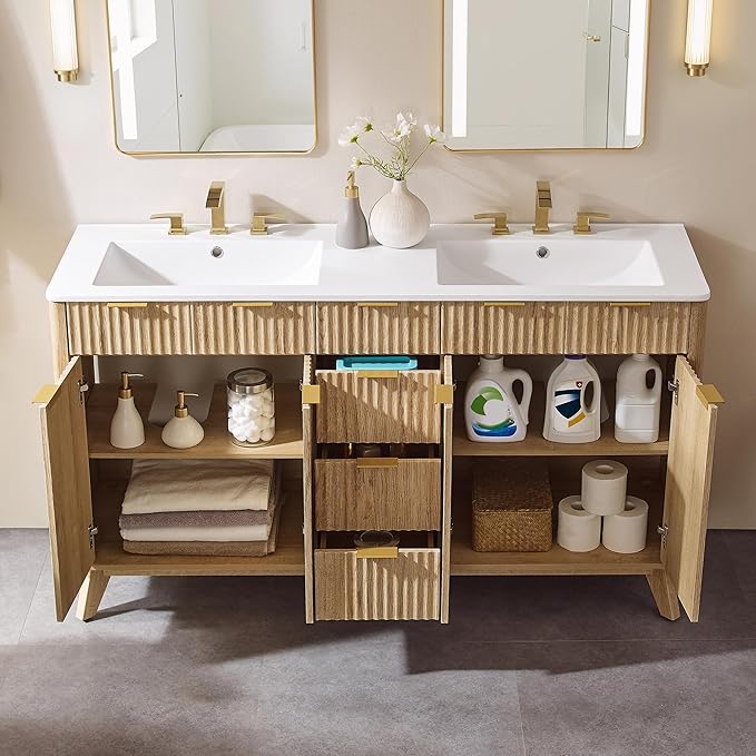T4TREAM 60" Fluted Bathroom Vanity with Resin Sink Combo，Freestanding Modern Bathroom Storage Vanity Cabinet with Soft Closing Doors & 3 Drawers，Wood Grain Texture，Metal Handle，Natural Oak