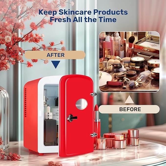 YSSOA Mini Fridge with Observation Window 4-Liter Six 12 oz Cans Portable Warmer & Cooler Compact Refrigerator, 100% Eco Friendly and Freon-Free, Red