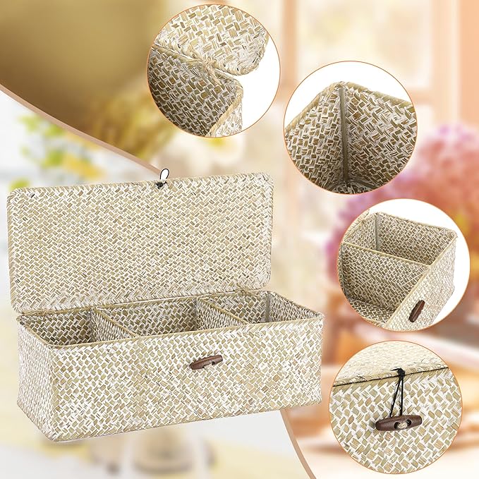 Sumnacon Small Woven Basket for Shelf Wicker Shelf Storage Basket with Sections Seagrass Storage Baskets with Lid for Tampon Toiletry Rectangular Storage Basket for Shelf Bathroom Table Desk Whitewash