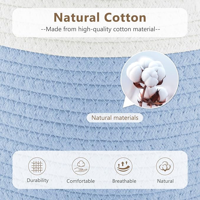 Cotton Rope Storage Basket, 15x10x9 Inches, Woven Basket for Shelves, Clothes, Towels, Books, and Laundry, White Blue (2 Pack)