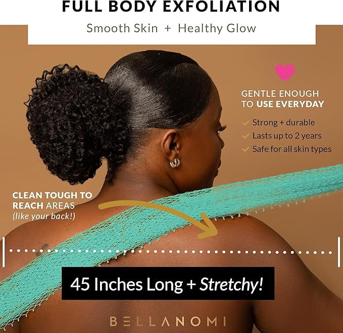 BELLANOMI African Exfoliating Net Sponge, Authentic, Ethically sourced from Nigeria, 45 inches Long, Back Scrubber for Daily use (Seafoam)
