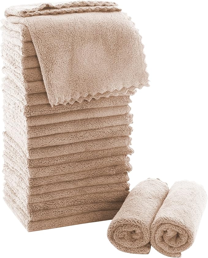 MOONQUEEN Ultra Soft Premium Washcloths Set - 12 x 12 inches - 24 Pack - Quick Drying - Highly Absorbent Coral Velvet Bathroom Wash Clothes - Use as Bath, Spa, Facial, Fingertip Towel (Brown)