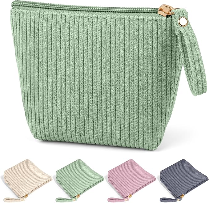 MAGEFY Mini Makeup Bag, Cute Small Makeup Bag for Purse Corduroy Cosmetic Bag for Women with Slip-in Pockets Travel Purse Essentials Lipstick Bag(Green,Mini)