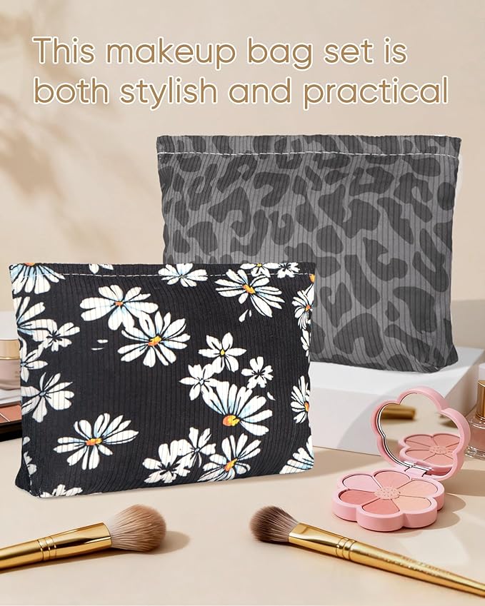 Cute Elegent Black Floral Flower Makeup Pouch for Women Small Make Up Bag for Purse Zipper Initial Makeup Cosmetic Bags Pouches for Purse Aesthetic Travel Toiletry Bags