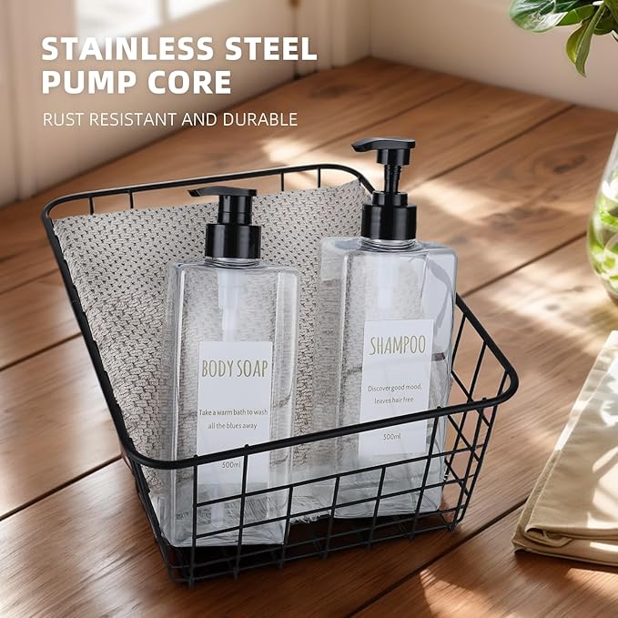 Shampoo and Conditioner Dispenser (Set of 2, 16.9oz) Modern Refillable Shampoo Pump Bottles for Shower Soap - Empty Body Wash Dispenser Set for Bathroom (Transparent)