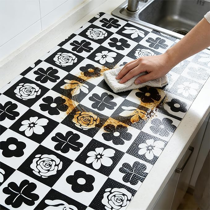 Drawer and Shelf Liner for Kitchen Cabinet,Non Adhesive Anti-Slip Double Layer PVC Waterproof Easy Clean for Dresser Bathroom Refrigerator with Knife Tape Measure(12 in X 20 Ft Black & White Flowers)