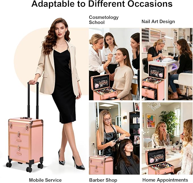 3 in 1 Rolling Makeup Case, Professional Cosmetology Case on Wheels, Detachable Clear Makeup Bag & Nail Polish Organizer, Portable Makeup Trolley with Drawers for Makeup Artists & Nail Technicians