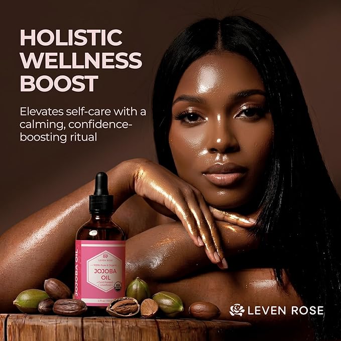 Leven Rose Jojoba Oil Organic, Pure Cold Pressed Carrier Oil, Natural Unrefined Moisturizer for Skin Hair and Nails 4 oz