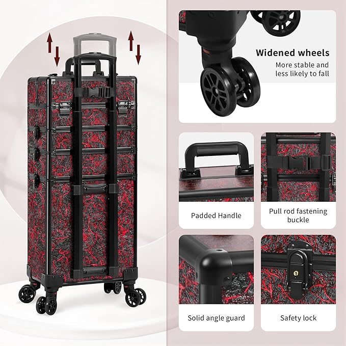 Profesional Rolling Makeup Train Case with Lid, 5 in 1 Cosmetology Case on Wheels, Large Cosmetic Trolley Organizer Travel for Hairstylist Artist Nail Beauty Salon Barber, Red