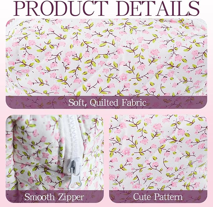 Quilted Makeup Bag Floral Cotton Make up Bag Puffy Coquette Makeup pouch Aesthetic Cute Travel Toiletry Bag for Women Girls