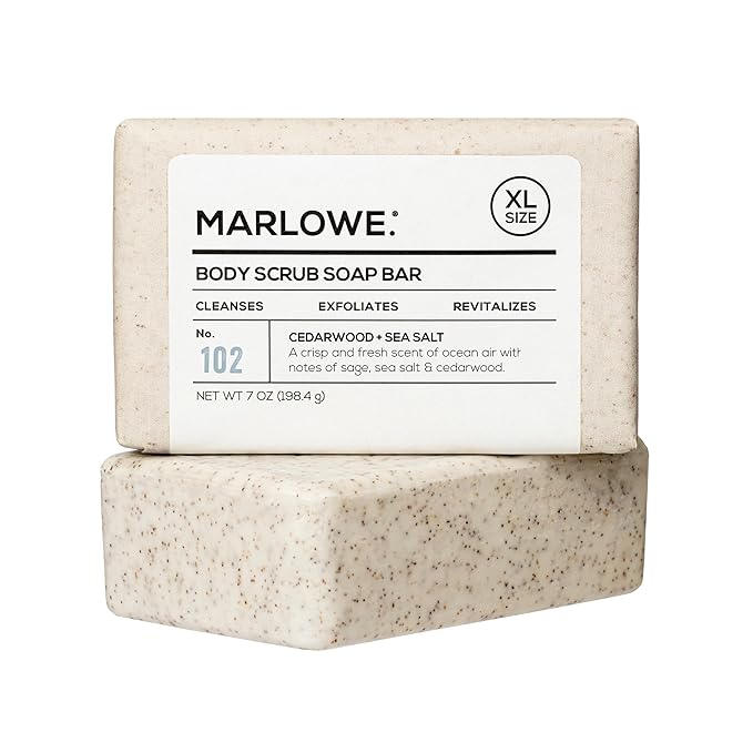 MARLOWE. No. 102 Body Scrub Soap 7 oz, Cedarwood & Sea Salt, Exfoliating Soap Bar with Shea Butter, Olive Oil & Green Tea Extracts, Cleanses, Smooths & Revitalizes Skin, Fresh & Zesty Scent
