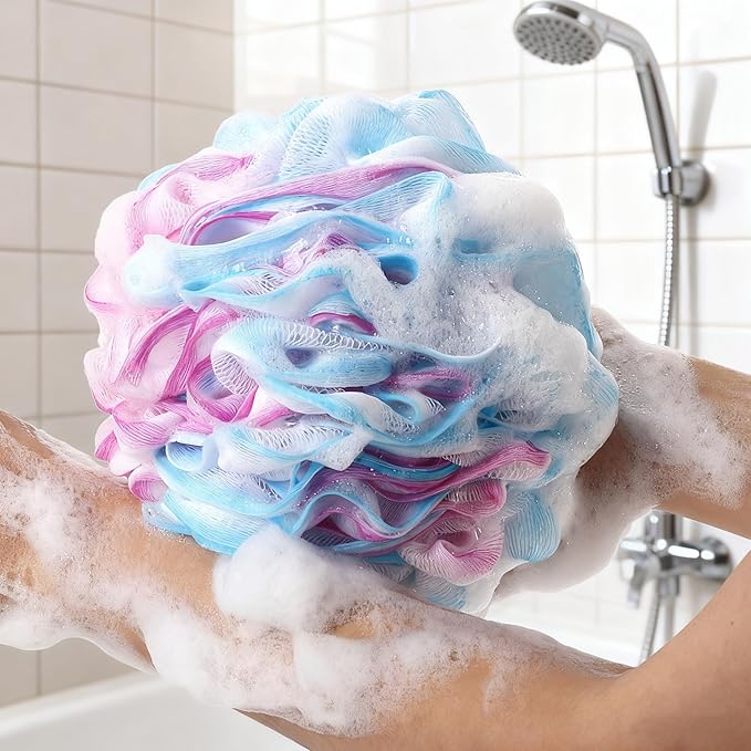 BTYMS XXL Large Loofah Bath Sponge 100g/pc, 6Pcs Exfoliating Mesh Pouf Bath Scrunchies Shower Puffs for Men and Women