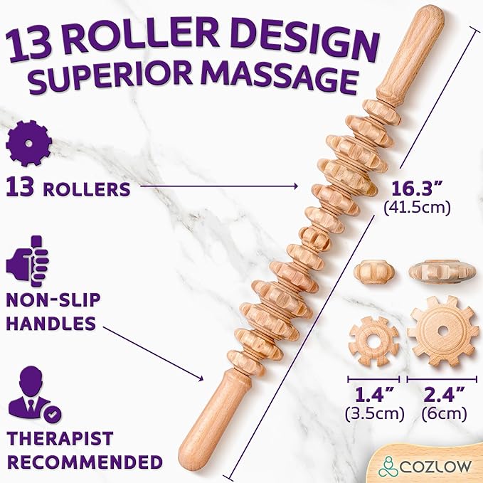 COZLOW Wooden Massage Roller Stick (Hourglass Shape) - Curved Wood Therapy Massage Tool for Body Sculpting, Fascia Release & Lymphatic Drainage - Maderotherapy Helps Reduce Cellulite Appearance