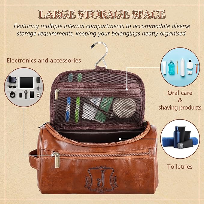 Sadnyy Personalized Leather Toiletry Bag for Men Initial Travel Bag with Hook Monogrammed Toiletry Pouch Leather Travel Bathroom Kit with Side Handle for Him Dad Husband Anniversary Birthday Gifts(J)