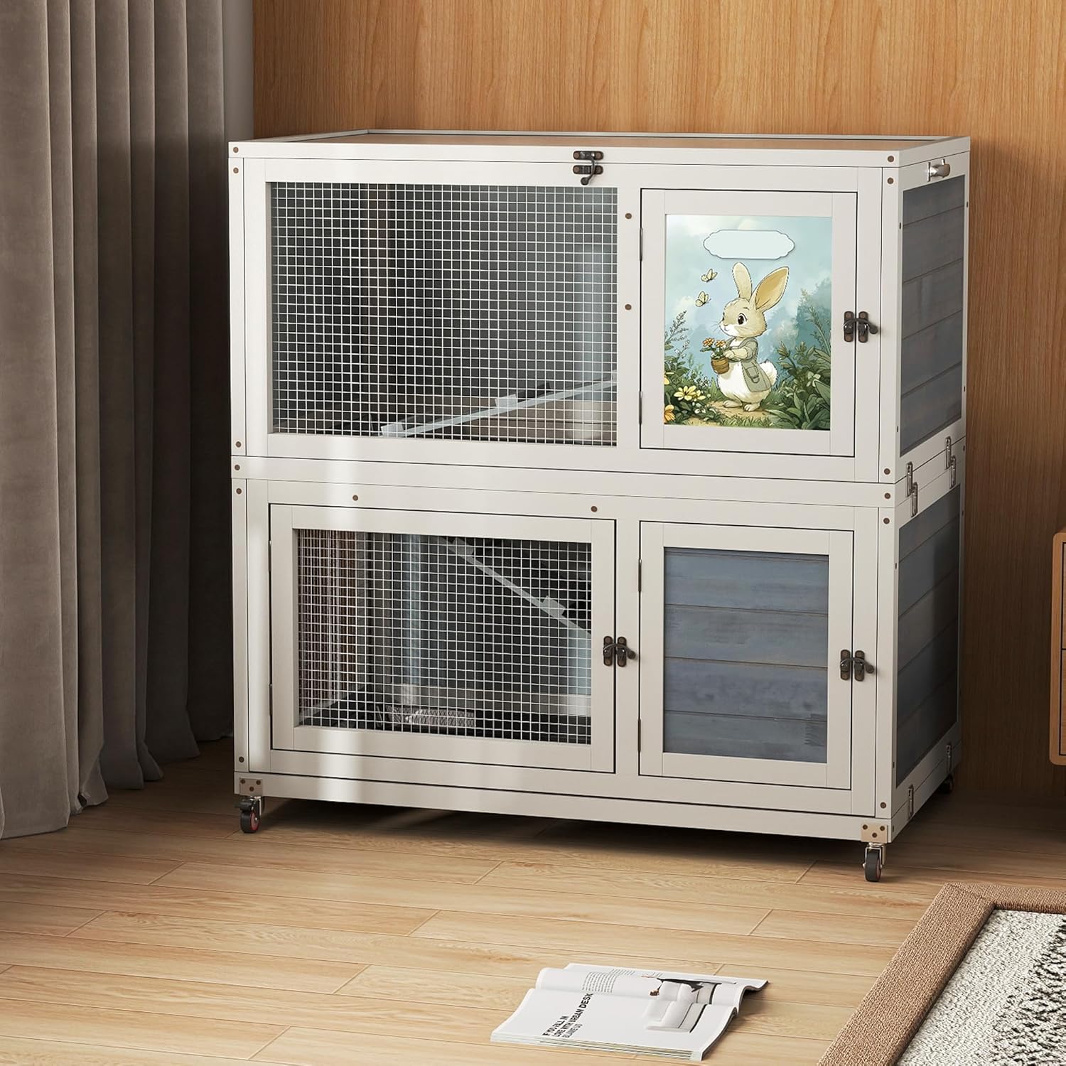 2-Story Wooden Rabbit Hutch for Outdoor & Indoor, Bunny Cage Rabbit House with Wheels, Trays, Ramp, Pet Home for Guinea Pigs, Chickens, Chicken Coop, Gray with Colorful Patterns