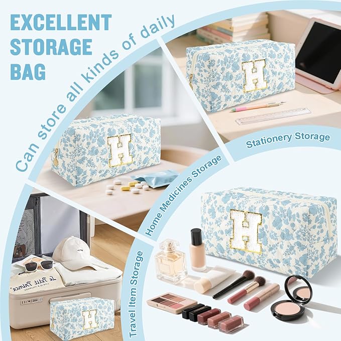 Personalized Quilted Cosmetic Bag, Puffy Monogrammed Christmas Birthday Gifts for Women & Girls, Cute initial Floral Makeup Bag Puffer Coquette Bag, Aesthetic Travel Toiletry Zipper Pouch(Blue,H)