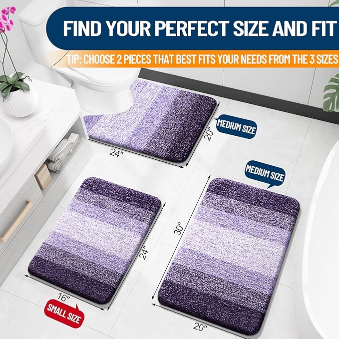 OLANLY Bathroom Rug Set 2 Piece, Soft Absorbent Microfiber Bath Mats and U-Shaped Contour Toilet Rug, Non-Slip, Machine Wash Dry, Plush Shaggy Bath Mats for Bathroom (30"x20"+24"x20", Violet)
