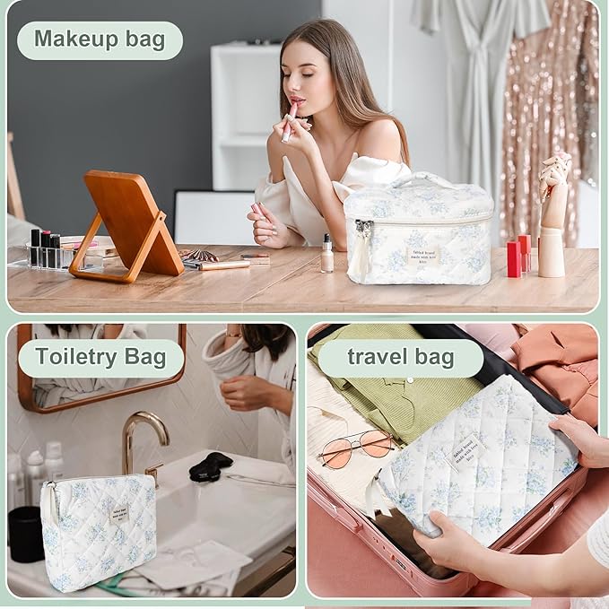 3Pcs Cotton Quilted Makeup Bag Large Travel Cosmetic Bag Coquette Makeup Pouch Cute Aesthetic Floral Toiletry Bag for Women Girls (flower-T)