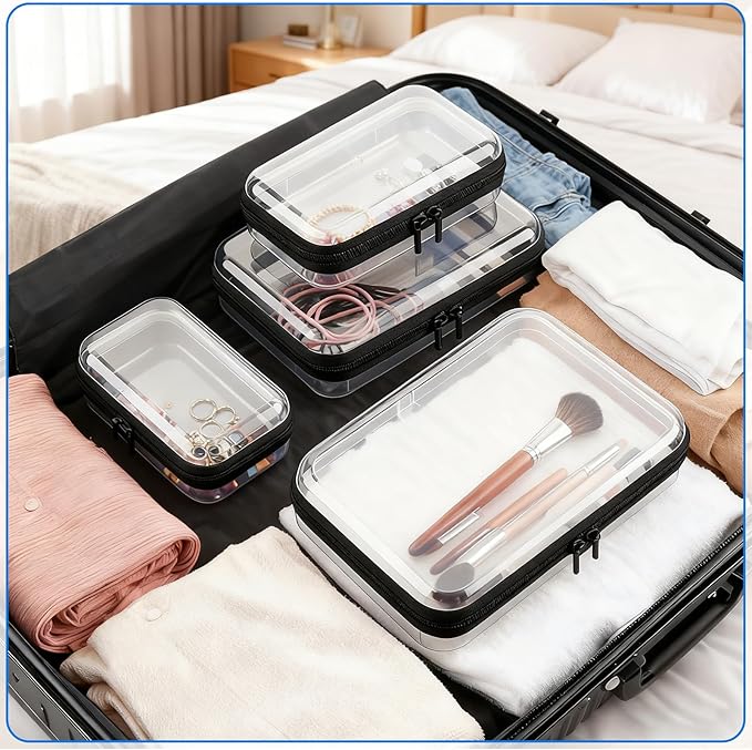 Clear PET Plastic Storage Boxes with Double Zippers, 4 Sizes (S/M/L/XL) Waterproof Organizer Cases for Toys, Cosmetics, Snacks, Travel Essentials (Black)