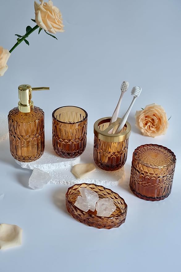 Amber Bathroom Accessories Set, 5Pcs Clear Glass Bathroom Sets, Hand Soap Dispenser, Soap Dish, Toothbrush Holder Set, Qtips Holder for Crystal Vintage Bath Decor, Set