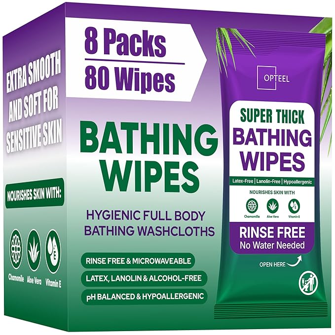 Super Thick Bathing Wipes for Adults Bathing No Rinse – Full Body Shower Wipe, Ideal for Men, Women & Elderly – Extra Large & Soft Travel Wipes Perfect Alternative to Shower – 8 Packs (80ct)