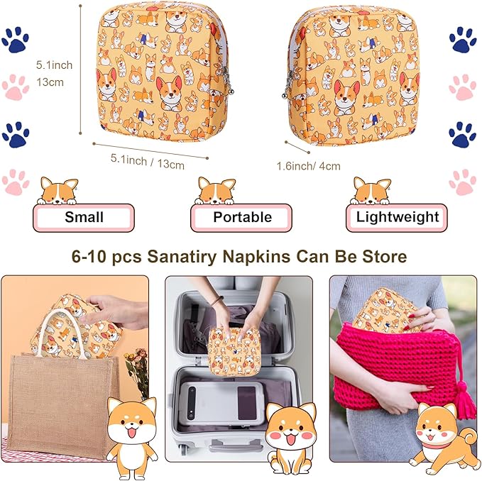Period Bag Pouch, Canvas Sanitary Napkin Storage Bag for Girls Womens, Portable Sanitary Napkin Period Pad Pouch for Purse, Small Make Up Bags(Orange Dog)
