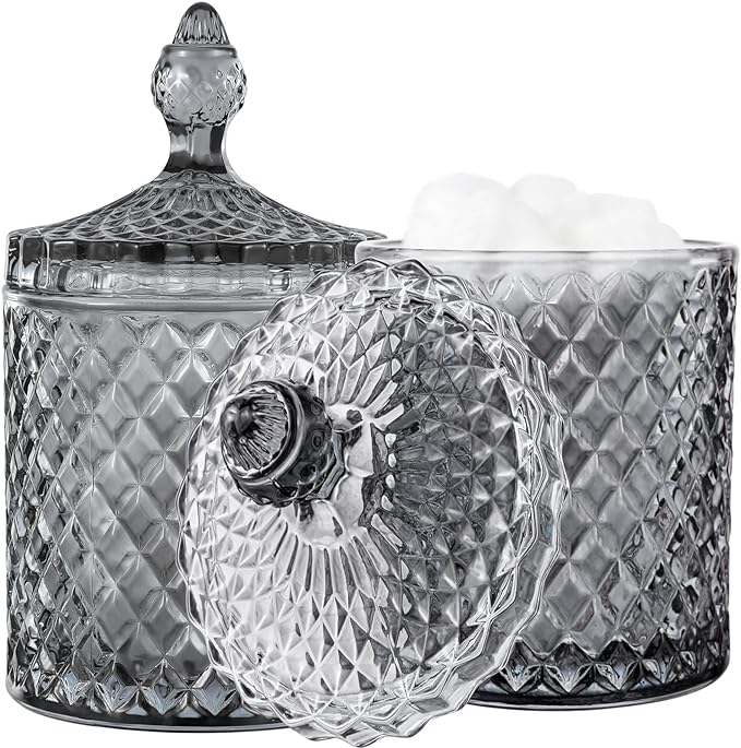 rejomiik 2 Pack Qtip Holder Glass Apothecary Jars with Lid for Bathroom Canisters Dispenser Decor Storage Organizer for Cotton Swabs, Balls, Pads, Floss Picks, Candy, Grey
