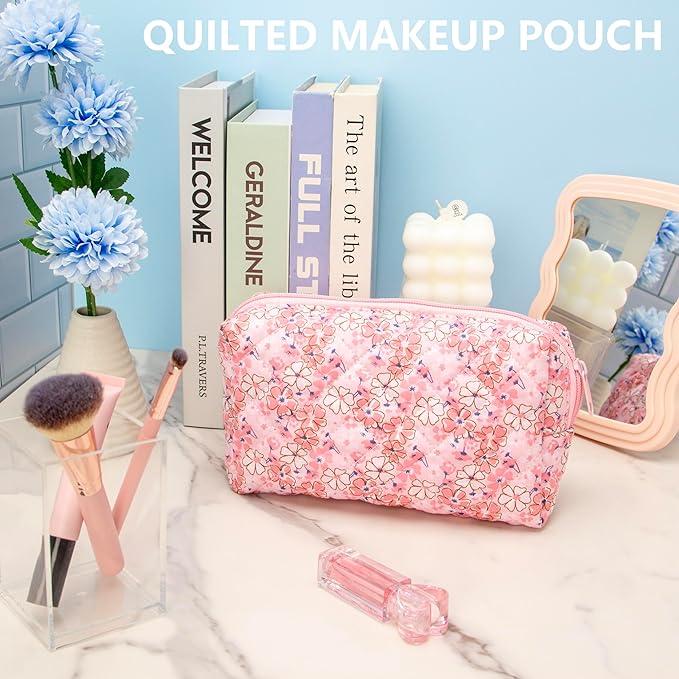 PAZIMIIK Vintage Quilted Makeup Bag Cosmetic Pouch for Brushes Pencils and Travel Make Up Accessories for Women and Girls Floral Pink