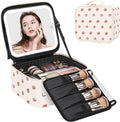 Relavel Travel Makeup Bag with LED Mirror, Portable Cosmetic Train Case with 3 Color Lighted Brightness Mirror, Makeup Artist Organizer Storage with Adjustable Dividers Make Up Box - White Strawberry