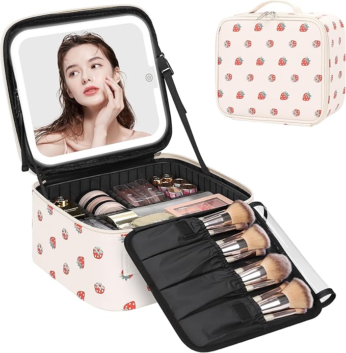 Relavel Travel Makeup Bag with LED Mirror, Portable Cosmetic Train Case with 3 Color Lighted Brightness Mirror, Makeup Artist Organizer Storage with Adjustable Dividers Make Up Box - White Strawberry
