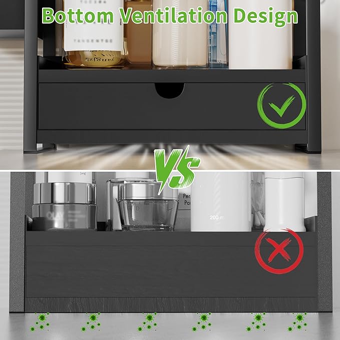 Kottwca Bathroom Counter Organizer with Drawer, 2-Tier Wood Countertop Organizer for Storage, Vanity Skincare Organizers, Bathroom Sink Shelf for Organization (Black)